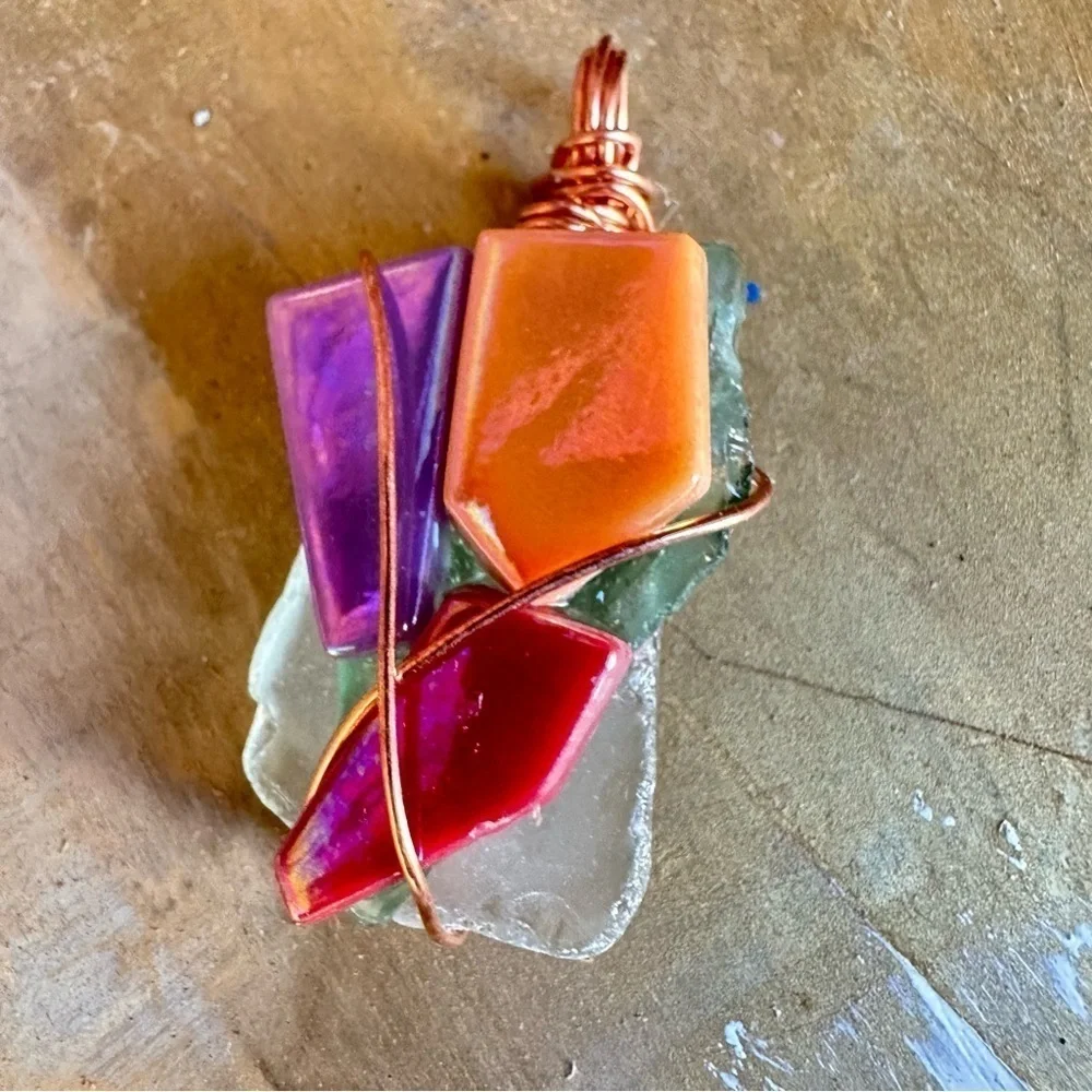 Colored Glass & Ceramic Art Pendant Handmade OOAK Necklace Art assemblage